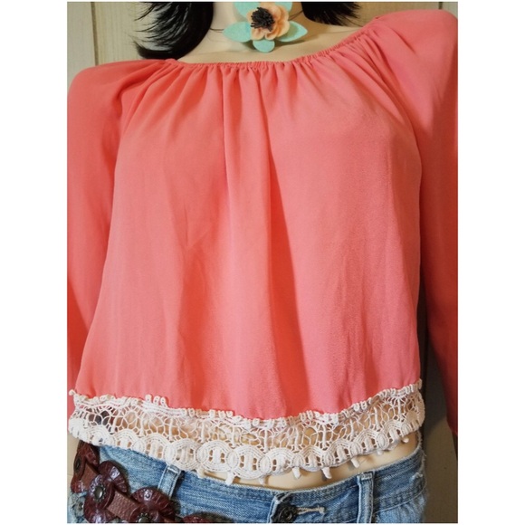 Boho Babe Vintage Retro Coral Chiffon Bell Sleeve Crochet Crop Top - Picture 7 of 8